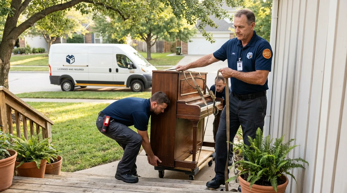 Licensed piano movers securing grand piano in Sausalito, CA