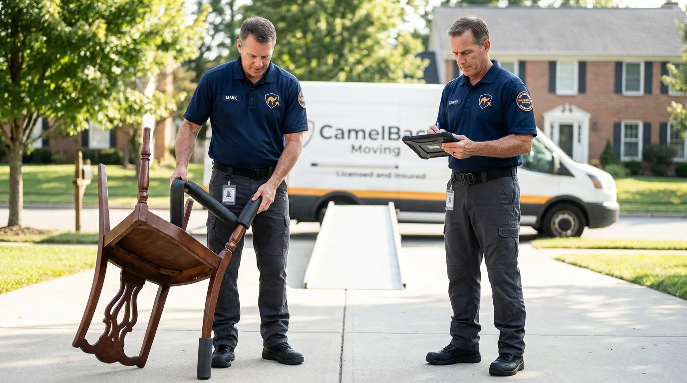 Movers inspecting furniture for damage prevention before loading in Sausalito, CA