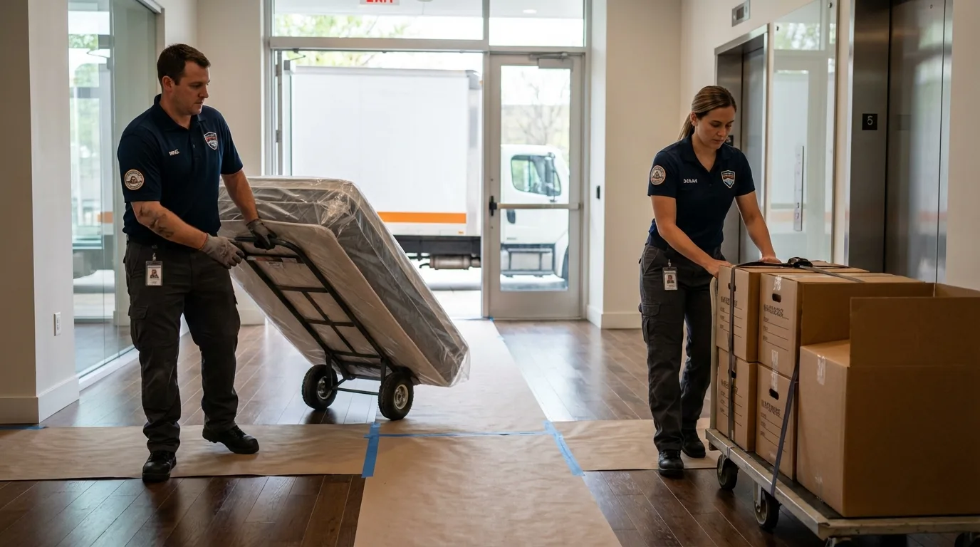 Professional apartment movers loading elevator in Sausalito, CA