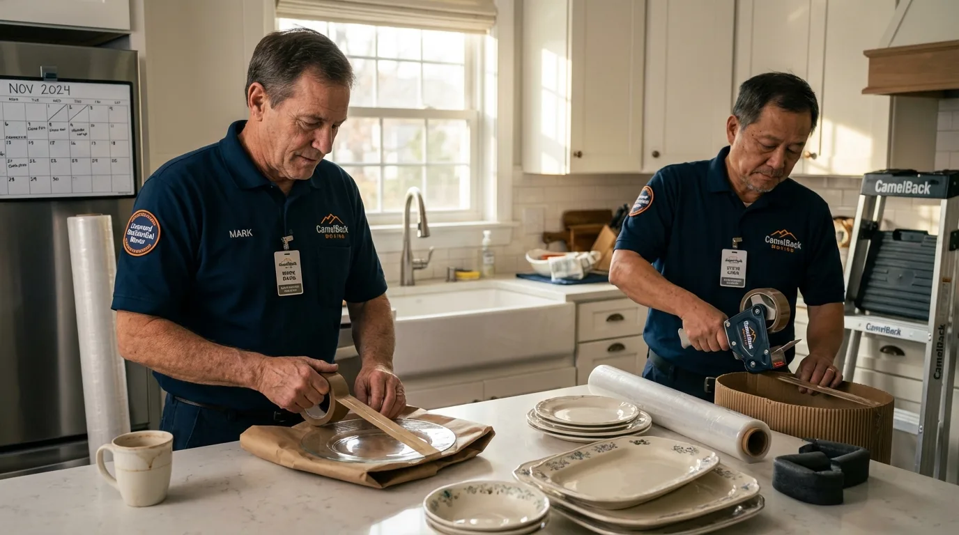 Professional crew packing kitchen dishware in Sausalito, CA